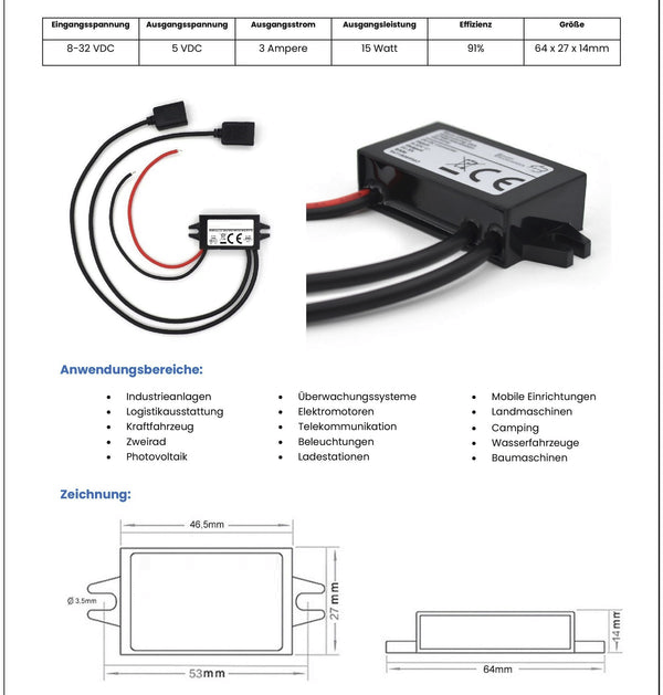 12V auf 5V DC-DC 8V-32V zu 5V 3A USB Spannungswandler 2x USB